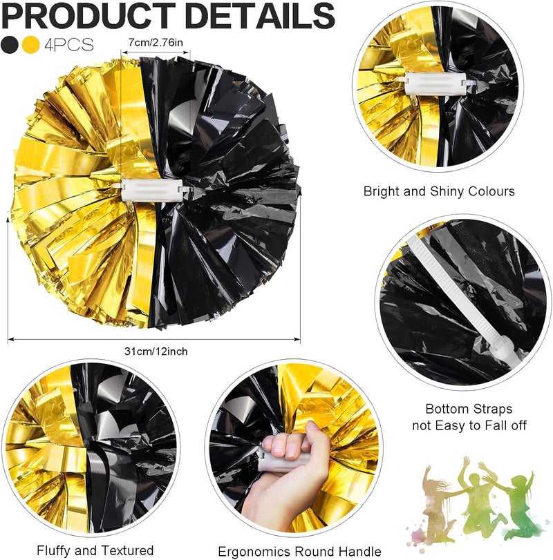HOLENGS 4Pcs Upgraded 12inch Metallic Cheerleading Pom Poms, Cheerleader Pompoms Cheer Poms for Kids Adults, Cheering Squad Pompoms for School Sports Games Dance Party - Image 3